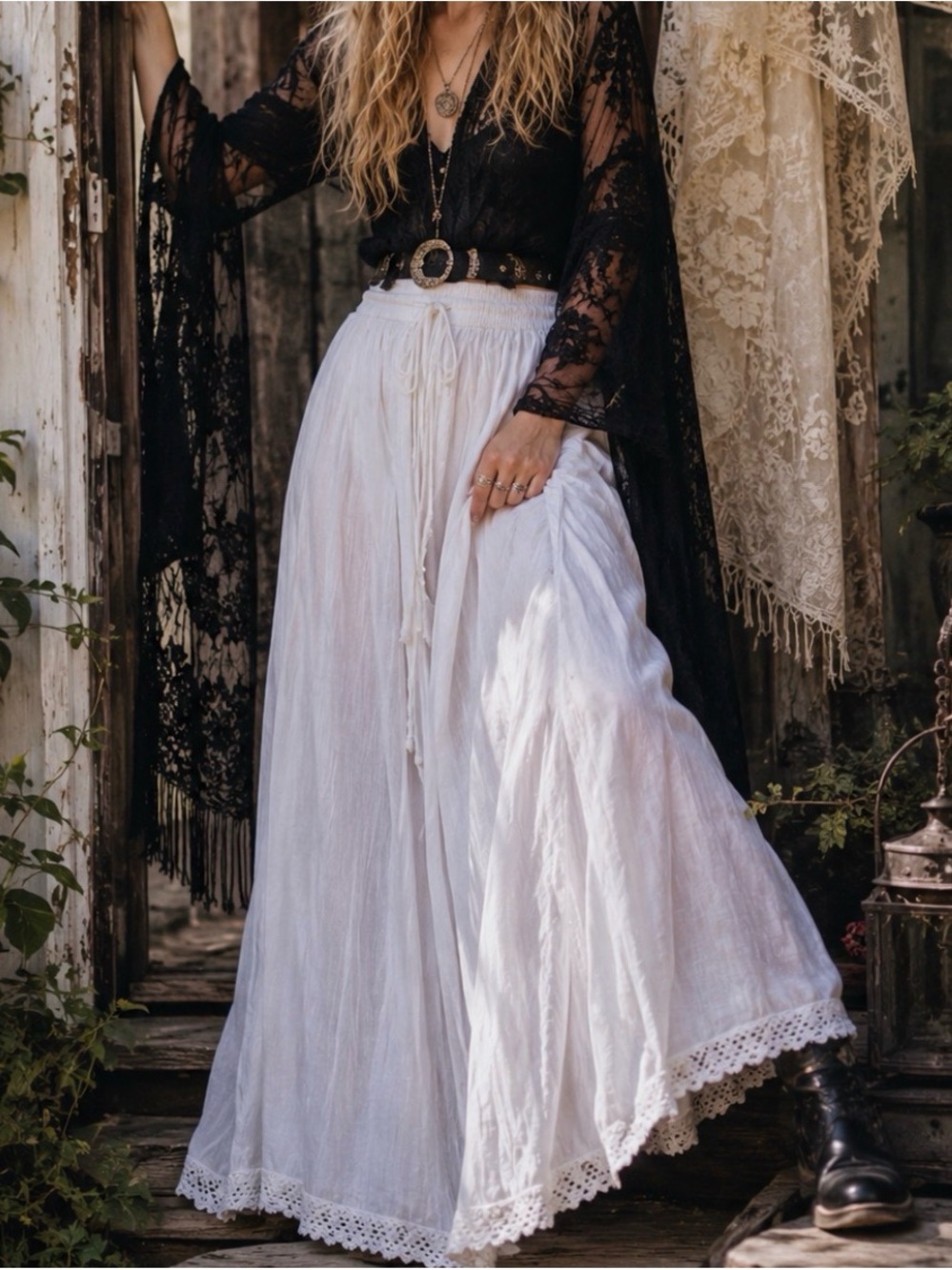 Vintage bobbie brooks rayon White Boho Maxi Skirt with Lace Hem